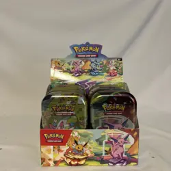 Pokemon TCG Prismatic Evolutions Set Of 8 Sealed Mini Tins W Open Display Box - Image 4