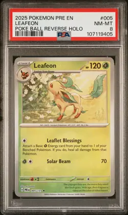 2025 POKEMON PRE EN-PRISMATIC EVOLUTIONS POKE BALL REVERSE HOLO LEAFEON PSA 8 - Image 1