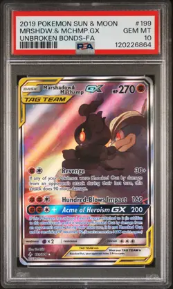 2019 POKEMON SUN & MOON UNBROKEN BONDS FULL ART/MARSHADOW & MACHAMP GX PSA 10 - Image 1