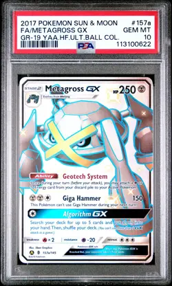 2017 POKEMON SUN & MOON GUARDIANS RISING #157A FULL ART/METAGROSS GX PSA 10 - Image 1