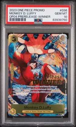 One Piece Monkey D. Luffy Winner P-036 OP04 Pre-Release Promo Card PSA 10 - Image 1
