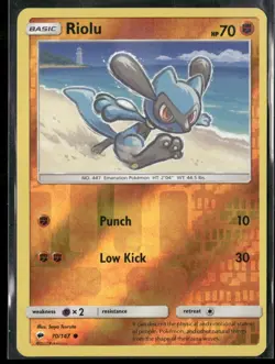 2017 Burning Shadows Set Pokemon Card 070 Riolu Reverse Foil LP - Image 1