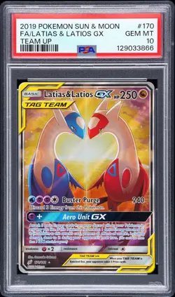 2019 POKEMON SUN & MOON TEAM UP #170 FULL ART/LATIAS & LATIOS GX PSA 10 - Image 1
