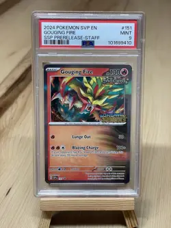 Pokemon Surging Sparks Gouging Fire SVP 151 Prerelease Promo Staff Card PSA 9 - Image 1