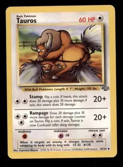 4X Pokemon Card WOTC Tauros Jungle 47/64 MODERATELY PLAYED Non-Holo Uncommon TCG - Image 1