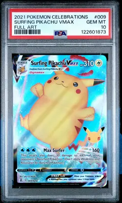 2021 POKEMON CELEBRATIONS #009 FULL ART/SURFING PIKACHU VMAX PSA 10 - Image 1