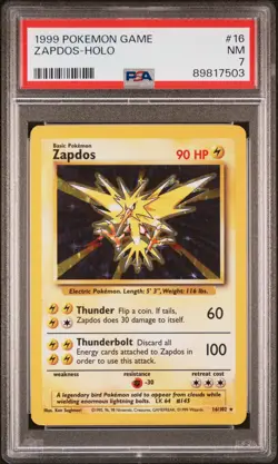 1999 POKEMON BASE SET UNLIMITED #16 ZAPDOS-HOLO PSA 7 - Image 1