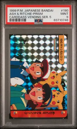 1999 POKEMON JPN BANDAI CARDDASS VENDING SER 5 #190 ASH & RITCHIE-PRISM PSA 9 - Image 1