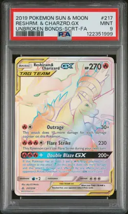 2019 POKEMON SUN & MOON UNBROKEN BONDS FULL ART/RESHIRAM & CHARIZARD GX PSA 9 - Image 1