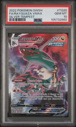 2022 POKEMON SWORD & SHIELD SILVER TEMPEST #TG20 FULL ART/RAYQUAZA VMAX PSA 10 - Image 1