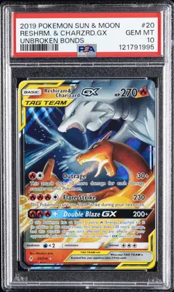 2019 POKEMON SUN & MOON UNBROKEN BONDS #20 RESHIRAM & CHARIZARD GX PSA 10 - Image 1