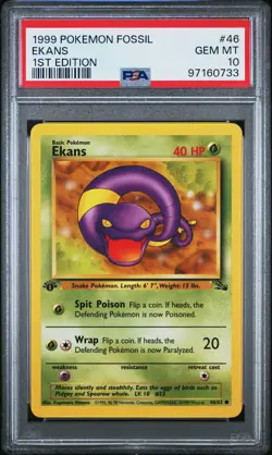 1999 POKEMON FOSSIL 1ST ED #46 EKANS PSA 10 - Image 1