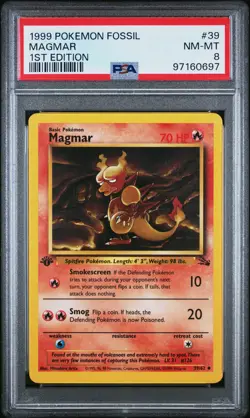 1999 POKEMON FOSSIL 1ST ED #39 MAGMAR PSA 8 - Image 1