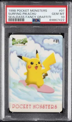 1998 POCKET MONSTERS SEALDASS FANCY GRAFFITI #01 SURFING PIKACHU PSA 10 - Image 1