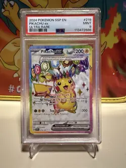 Pikachu EX 2024 Pokemon Surging Sparks EN Ultra Rare #219/191 PSA 9 MINT Card - Image 1