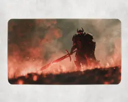 MTG Playmat - Black Armored Warlord | Dark Knight in Burning Field - Image 1