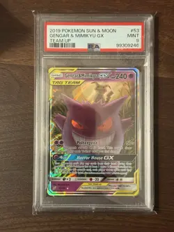 2019 Pokemon Gengar & Mimikyu GX Team Up PSA 9 Mint Holo Card - Image 1