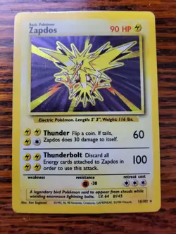 Pokemon Card Unlimited Edition Holo Rare Base Set 1999 Zapdos 16/102 PL! - Image 1