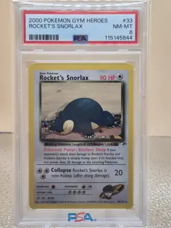 Pokemon Rocket's Snorlax 033/132 Gym Heroes PSA 8 - Image 1