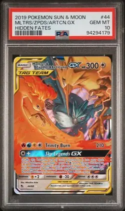 2019 POKEMON HIDDEN FATES SUN & MOON MOLTRES ZAPDOS & ARTICUNO GX #44 PSA 10 - Image 1