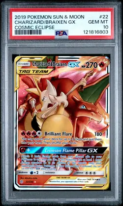 2019 POKEMON SUN & MOON COSMIC ECLIPSE #22 CHARIZARD & BRAIXEN GX PSA 10 - Image 1