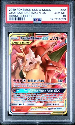 2019 POKEMON SUN & MOON COSMIC ECLIPSE #22 CHARIZARD & BRAIXEN GX PSA 10 - Image 1