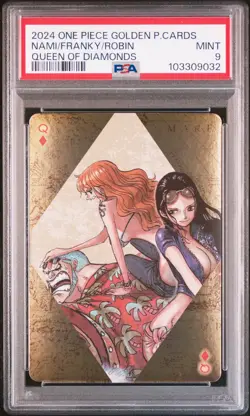 2024 ONE PIECE GOLDEN P CARDS QUEEN OF DIAMONDS FRANKY/NAMI/NICO ROBIN PSA 9 - Image 1