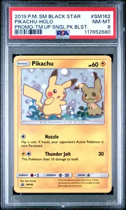 POKEMON TEAM UP SM BLACK STAR PROMO PIKACHU #SM162 HOLO PSA 8 NM #117652680 - Image 1