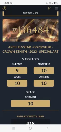 Pokemon TCG Crown Zenith Arceus V Star GG70/GG70 Galarian ACE 10 Gem Mint - Image 3