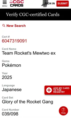 🔥2025 POKEMON JAPANESE SV10-HOLO #39 TEAM ROCKET'S MEWTWO EX CGC 10 PRISTINE🔥 - Image 3