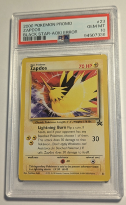 2000 POKEMON PROMO BLACK STAR TOSHINAO AOKI ERR #23 ZAPDOS PSA 10 Gem MINT - Image 1