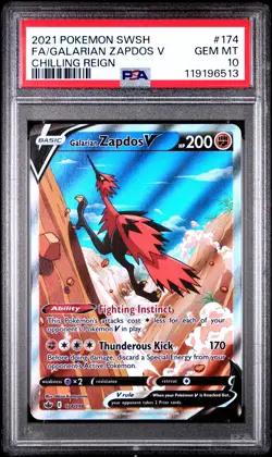 2021 POKEMON SWORD & SHIELD CHILLING REIGN FULL ART/GALARIAN ZAPDOS V PSA 10 - Image 1