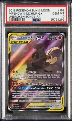 2019 POKEMON SUN & MOON UNBROKEN BONDS FULL ART/MARSHADOW & MACHAMP GX PSA 10 - Image 1