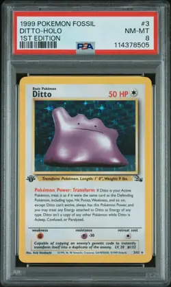1999 POKEMON FOSSIL 1ST ED #3 DITTO-HOLO PSA 8 - Image 1