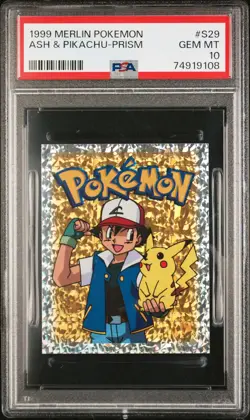 1999 MERLIN POKEMON #S29 ASH & PIKACHU-PRISM PSA 10 - Image 1