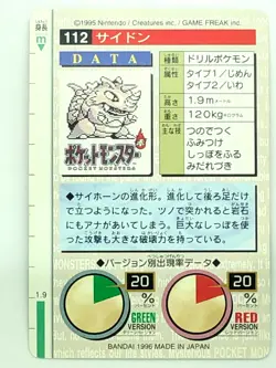 Rhydon 112 Pokemon Card Carddass 1996 GREEN BANDAI Japanese Very Rare Japan - Image 2