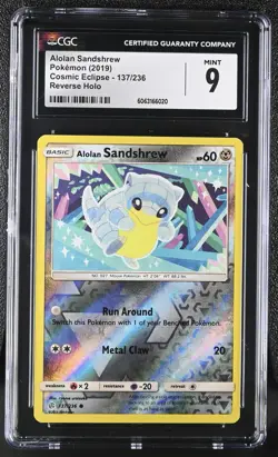 Pokemon Card ALOLAN SANDSHREW Reverse Holo #137 Cosmic Eclipse CGC 9 MINT - Image 1