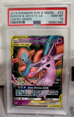 2019 POKEMON SUN & MOON UNIFIED MINDS #72 ESPEON & DEOXYS GX PSA 10 - Image 1