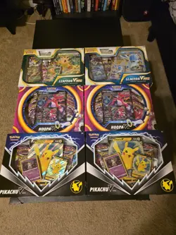 2x Hoopa V Box 2x Pikachu V Box 1 Leafeon V Star and 1 Glaceon V Box Pokemon - Image 1