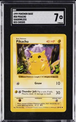 1999 POKEMON BASE SHADOWLESS RED CHEEKS #58 PIKACHU SGC 7 - Image 1