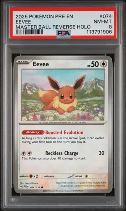 2025 POKEMON PRE EN-PRISMATIC EVOLUTIONS MASTER BALL REVERSE HOLO EEVEE PSA 8 - Image 1