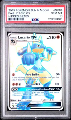 2019 POKEMON SUN & MOON HIDDEN FATES #SV64 FULL ART/LUCARIO GX PSA 10 - Image 1