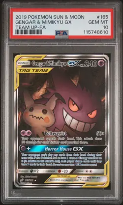 2019 POKEMON SUN & MOON TEAM UP #165 FULL ART/GENGAR & MIMIKYU GX PSA 10 - Image 1