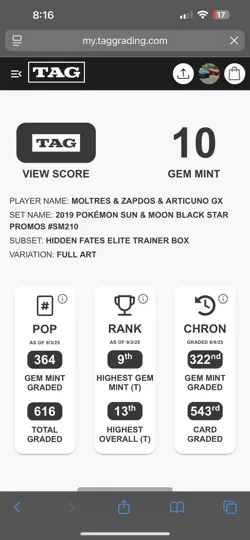 TAG 10 - Moltres & Zapdos & Articuno GX SM210 Hidden Fates ETB Promo Pokemon TCG - Image 3