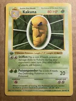 Kakuna Pokemon Card Base Set 33/102 1st Edition Shadowless MP - Image 1