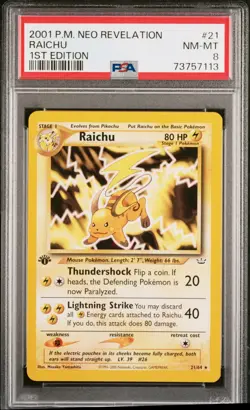 Pokemon TCG Raichu Neo Revelation 21/64 Regular 1st Edition Rare PSA 8 NM-MT - Image 1