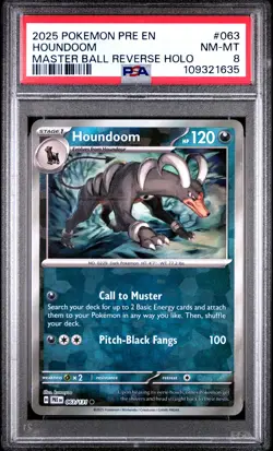 2025 POKEMON PRE EN-PRISMATIC EVOLUTIONS MASTER BALL REVERSE HOLO HOUNDOOM PSA 8 - Image 1