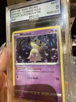 2020 Pokemon SWSH Mighty Mysterious Tin Mimikyu Holo Cosmos W/HD Swirl AGS 9 - Image 4