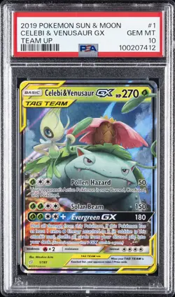 2019 POKEMON SUN & MOON TEAM UP #1 CELEBI & VENUSAUR GX PSA 10 - Image 1
