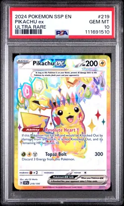 2024 POKEMON SSP EN-SURGING SPARKS ULTRA RARE #219 PIKACHU EX PSA 10 - Image 1
